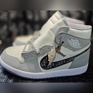 Jordan 1 Dior Design White and Gray Men's Sneakers